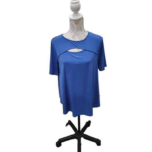 Chico’s Blue Peek A Boo Short Sleeve Polyester Spandex Top Women's Medium - Picture 1 of 7